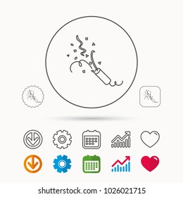 Shooting slapstick icon. Celebration sign. Calendar, Graph chart and Cogwheel signs. Download and Heart love linear web icons. Vector
