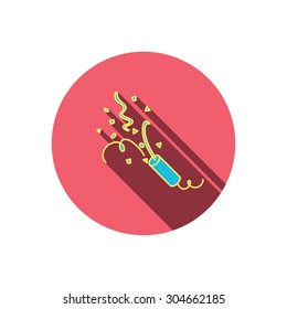 Shooting slapstick icon. Celebration sign. Red flat circle button. Linear icon with shadow. Vector