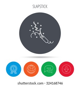 Shooting slapstick icon. Celebration sign. Globe, download and speech bubble buttons. Winner award symbol. Vector