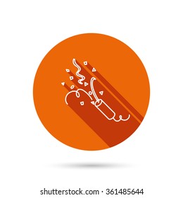 Shooting slapstick icon. Celebration sign. Round orange web button with shadow.