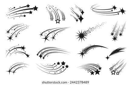 Shooting space stars, falling galaxy comets and meteors with trails, night sky meteorite silhouettes. Cosmic starburst and traces monochrome vector symbols set. Streaks of light and energy in motion