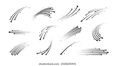 Disparando estrellas espaciales con senderos, estallido estelar. Conjunto de Vectores de meteoros o asteroides monocromos. Cometas cósmicos que caen con huellas. Mística rayas de luz, magia y siluetas de energía en el cielo nocturno