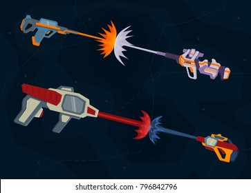 Shooting from space weapons. Laser shot. Explosion, the opposition of two futuristic weapons. Vector illustration of a cartoon style.