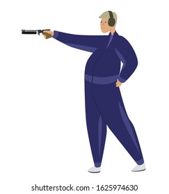 Shooting sport flat vector illustration. Man, guy, train, shoot a pistol in headphones. Target shooting championship, Sports types concept. 