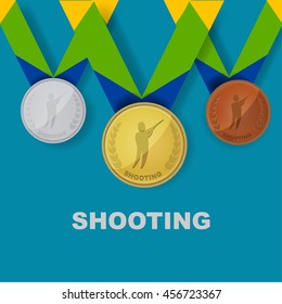 Shooting sport icon on medal award set with Brazilian color theme designed of ribbon in vector illustration 