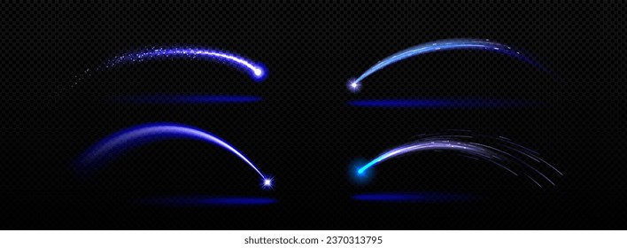 Shooting star arc light with magic neon curve. Glitter flare arch line trail. Blue dust sparkle glowing from meteor flying at night. Twinkle burst transparent element motion isolated tail set