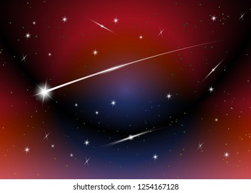 Shooting star background against dark blue starry night sky, vector illustration. Space background. Colorful galaxy with nebula and stars. Abstract futuristic backdrop. Stardust and shining stars