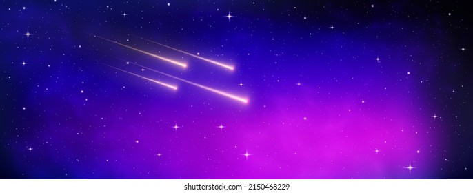 Shooting star background against dark blue starry night sky. Magic stardust. Realistic blue galaxy. Meteor shower with falling glowing comets, asteroids, stars in space. Comet with light trail. Vector