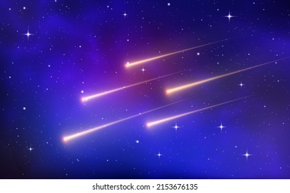 Aufnahme von Sternhintergrund auf dunkelblauem Sternenhimmel. Magischer Stechmücken. Realistische blaue Galaxie. Meteordusche mit fallenden leuchtenden Kometen, Asteroiden, Sternen im Raum. Kommen Sie mit einem leichten Weg. Vektorgrafik