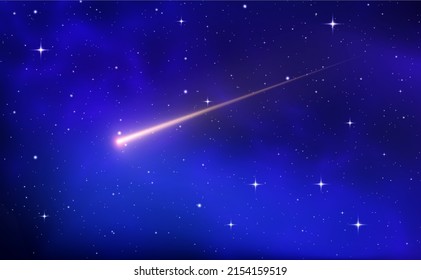 Shooting star background against dark blue starry night sky. Magic stardust. Realistic blue galaxy. Meteor shower with falling glowing comets, asteroids, stars in space. Comet with light trail. Vector