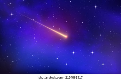 Shooting star background against dark blue starry night sky. Magic stardust. Realistic blue galaxy. Meteor shower with falling glowing comets, asteroids, stars in space. Comet with light trail. Vector