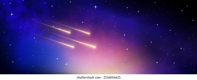 Shooting star background against dark blue starry night sky. Magic stardust. Realistic blue galaxy. Meteor shower with falling glowing comets, asteroids, stars in space. Comet with light trail. Vector