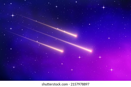Shooting star background against dark blue starry night sky. Magic stardust. Realistic blue galaxy. Meteor shower with falling glowing comets, asteroids, stars in space. Comet with light trail. Vector
