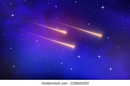 Shooting star background against dark blue starry night sky. Magic stardust. Realistic blue galaxy. Meteor shower with falling glowing comets, asteroids, stars in space. Comet with light trail. Vector