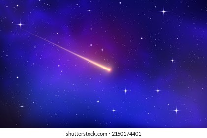 Aufnahme von Sternhintergrund auf dunkelblauem Sternenhimmel. Magischer Stechmücken. Realistische blaue Galaxie. Meteordusche mit fallenden leuchtenden Kometen, Asteroiden, Sternen im Raum. Kommen Sie mit einem leichten Weg. Vektorgrafik