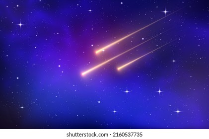 Shooting star background against dark blue starry night sky. Magic stardust. Realistic blue galaxy. Meteor shower with falling glowing comets, asteroids, stars in space. Comet with light trail. Vector