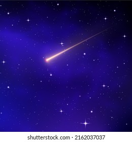 Shooting star background against dark blue starry night sky. Magic stardust. Realistic blue galaxy. Meteor shower with falling glowing comets, asteroids, stars in space. Comet with light trail. Vector