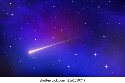 Fondo estrella de tiro contra cielo estrellado azul oscuro. Espinilla mágica. Galaxia azul realista. Ducha de metal con cometas brillantes en caída, asteroides, estrellas en el espacio. Cometa con rastro ligero. Vector