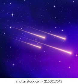 Shooting star background against dark blue starry night sky. Magic stardust. Realistic blue galaxy. Meteor shower with falling glowing comets, asteroids, stars in space. Comet with light trail. Vector