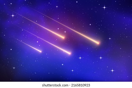Shooting star background against dark blue starry night sky. Magic stardust. Realistic blue galaxy. Meteor shower with falling glowing comets, asteroids, stars in space. Comet with light trail. Vector