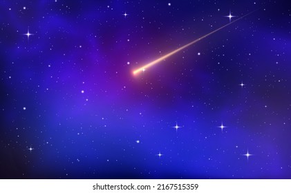 Shooting star background against dark blue starry night sky. Magic stardust. Realistic blue galaxy. Meteor shower with falling glowing comets, asteroids, stars in space. Comet with light trail. Vector