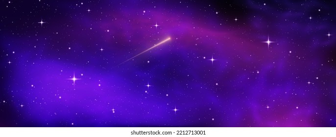 Shooting star background against dark blue starry night sky. Magic stardust. Realistic blue galaxy. Meteor shower with falling glowing comets, asteroids, stars in space. Comet with light trail. Vector