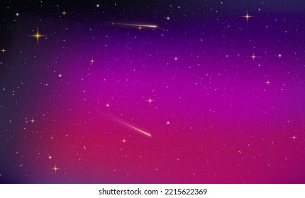 Fondo estrella de tiro contra cielo estrellado azul oscuro. Espinilla mágica. Galaxia azul realista. Ducha de metal con cometas brillantes en caída, asteroides, estrellas en el espacio. Cometa con rastro ligero. Vector
