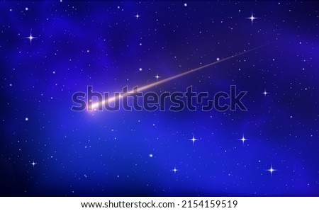 Shooting star background against dark blue starry night sky. Magic stardust. Realistic blue galaxy. Meteor shower with falling glowing comets, asteroids, stars in space. Comet with light trail. Vector