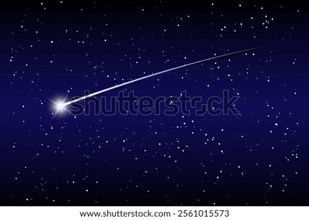 Shooting star background against dark blue starry night sky. Bright comet tail, glowing comet flies in space. vector illustration 