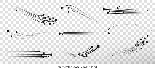 Shooting Star Black.
Shooting star with an elegant star trail on a white background. Festive star sprinkles, powder. Vector png,meteorite, comet, asteroid, speed line.