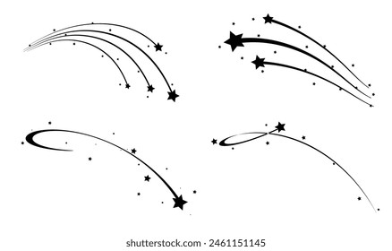 Shooting Star Black.
Shooting star with an elegant star trail on a white background. Festive star sprinkles, powder. Vector png,meteorite, comet, asteroid, speed line.