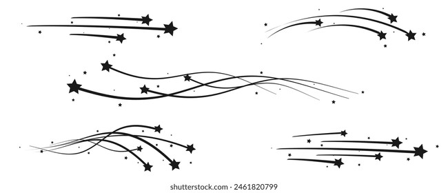 Shooting Star Black.
Shooting star with an elegant star trail on a white background. Festive star sprinkles, powder. Vector png,meteorite, comet, asteroid, speed line.