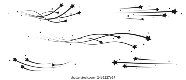 Shooting Star Black.
Estrella fugaz con un elegante rastro de estrellas sobre fondo blanco. Estrella festiva con chispas, polvo. Vector png, meteorito, cometa, asteroide, línea de velocidad.