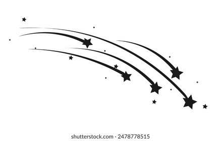 Shooting Star Black.
Shooting star with an elegant star trail on a white background. Festive star sprinkles, powder. Vector png,meteorite, comet, asteroid, speed line.