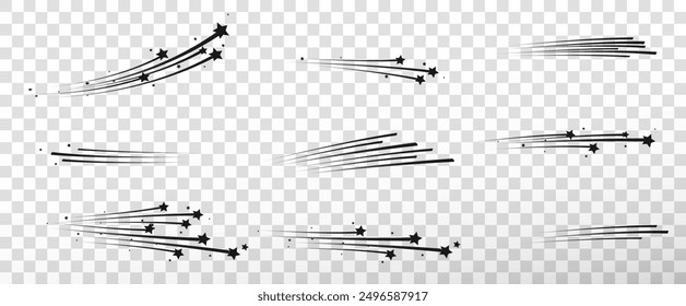 Shooting Star Black.
Shooting star with an elegant star trail on a white background. Festive star sprinkles, powder. Vector png,meteorite, comet, asteroid, speed line.