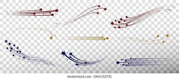 Shooting Star Negro, rojo, verde, azul, oro.
Estrella fugaz con un elegante rastro de estrellas sobre fondo blanco. Estrella festiva con chispas, polvo. Vector png, meteorito, cometa, asteroide, línea de velocidad.