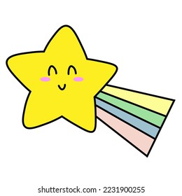 Shooting star colorful kawaii character with pastel rainbow.