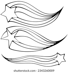 Shooting star, comet. Falling retro groovy star with colorful rainbow. Vector illustration in hand drawn sketch doodle style. Black graphic isolated on white.