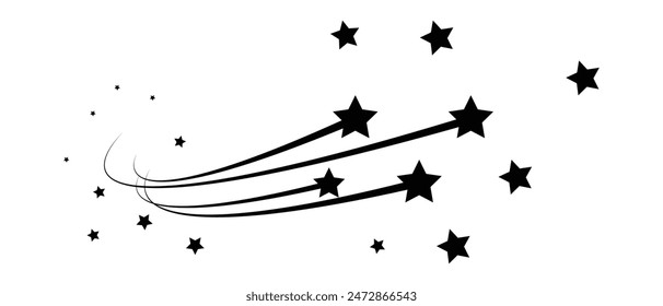 Icono del cometa Shooting Star. Estrellas fugaces Abstractas, estrella negra que cae con una estrella poderosa del rastro sobre un fondo blanco Meteoroide, cometa, línea de la velocidad, vórtice del movimiento, asteroide, línea de la velocidad.