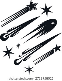 Conjunto de vetores de silhueta de estrela cadente e cometa. Chuveiro Meteoro e Estrelas Quedas Ilustração Vetorial Mínima. Coleção de Ícones da Trilha do Cometa das Estrelas Fotografadas. Astronomia disparando silhuetas de estrelas