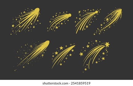 Shooting Star and Comet Vector Set with Sparkling Trails Ideal for Celestial Illustrations, Night Sky Designs, and Cosmic Art Projects

