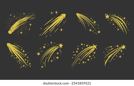 Conjunto de Vectores de estrellas y cometas con senderos brillantes Ideal para Ilustraciones celestiales, Diseños de cielo nocturno y proyectos de arte cósmico

