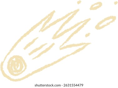 A shooting star drawn with crayon-like texture and trailing lines. The comet streaks across the sky with a textured appearance. Cartoon vector illustration.