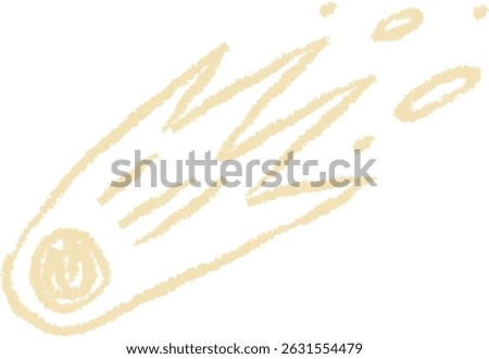 A shooting star drawn with crayon-like texture and trailing lines. The comet streaks across the sky with a textured appearance. Cartoon vector illustration.