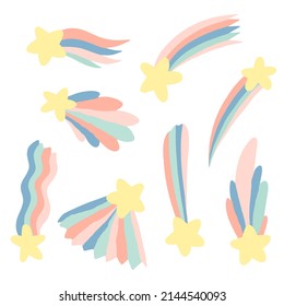 Shooting star. Falling. Children cute cartoon star, comet, tail. Rainbow color. Baby nursery element. Vector set illustration isolated on white background.