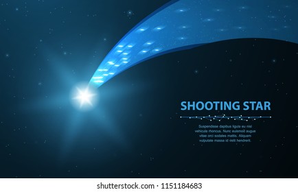 Shooting star. Falling comet with glow on dark blue background with dots and stars. Astronomy, magic, fantasy, lucky wish concept illustration or background