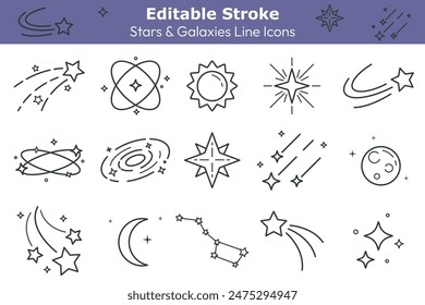 Shooting star and galaxy line icons set. Flying stars, sun, moon symbols with editable stroke. Outer space isolated elements