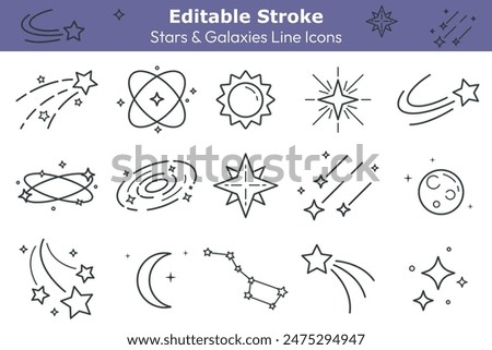 Shooting star and galaxy line icons set. Flying stars, sun, moon symbols with editable stroke. Outer space isolated elements