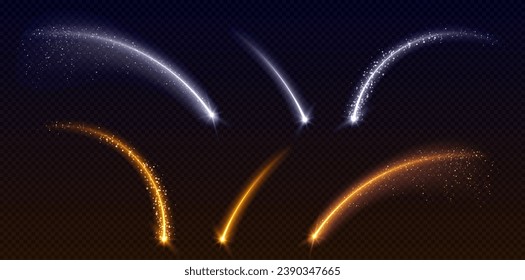 Shooting star with glow arc shaped light trail. Realistic vector illustration of white and golden curved luminous tail with glitter particles. Falling meteor with neon twinkle line and sparkles.