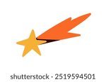 Shooting star with glowing trail, wish and dream symbol. Bright celestial cosmic object in motion, light blaze streak. Falling comet in flight. Flat vector illustration isolated on white background